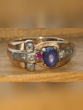 Unique Gold,  Silver,  Diamond Ruby  Ring with Blue Sapphire Cabochon Ring